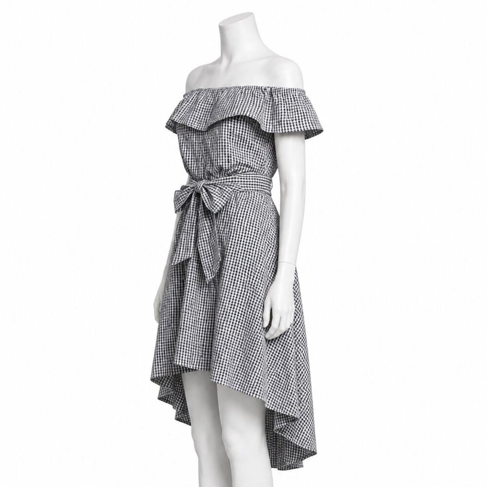 Saks Fifth Avenue Gingham Off-Shoulder Hi-Low Dress Tie Waist Black White M - Picture 5 of 9